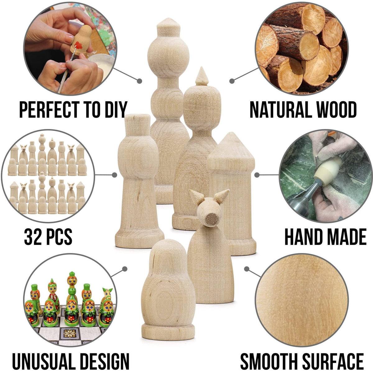 Unfinished Wood Chess Pieces Only Set of 32 pcs Paint Your Own Chess Set DIY Kit